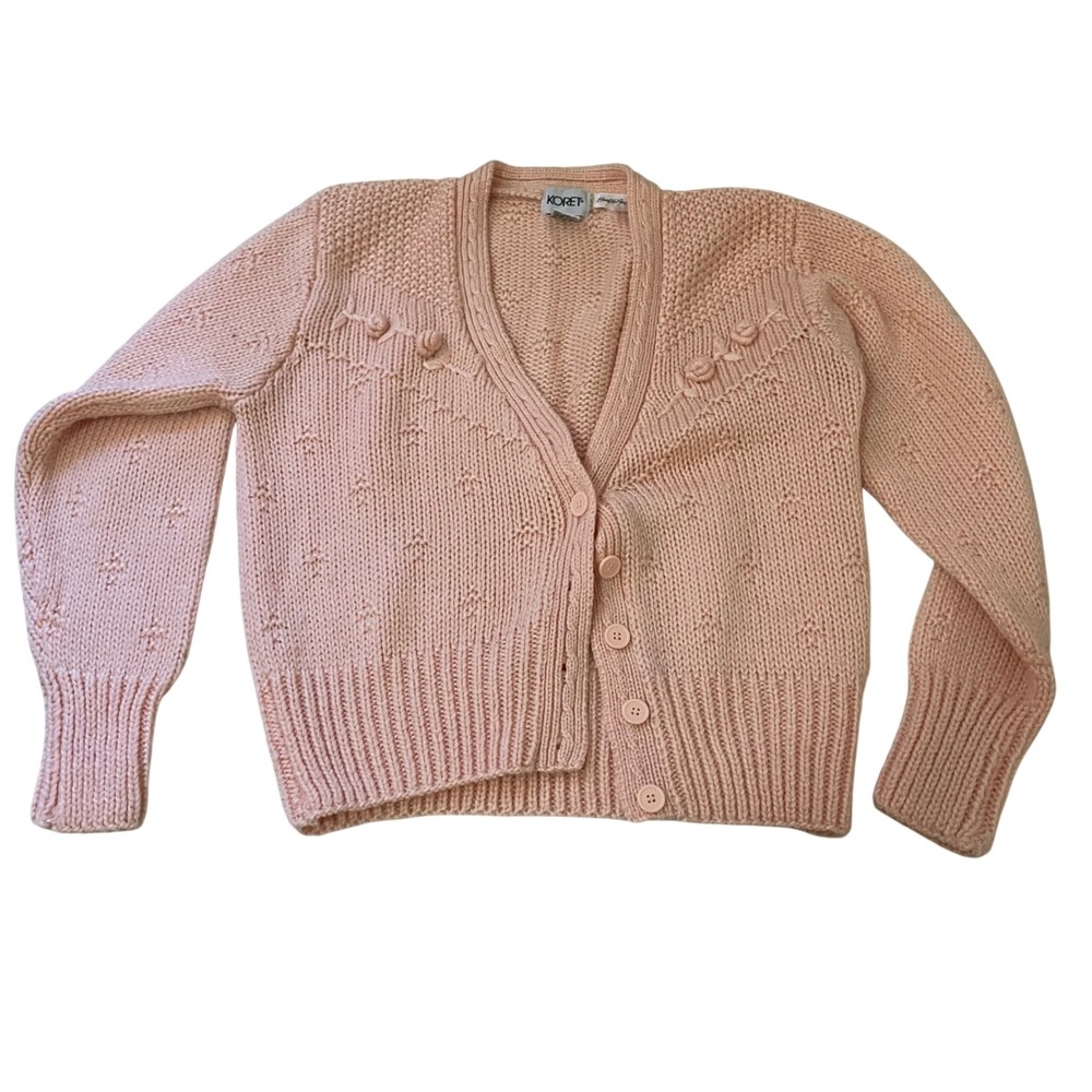 Koret Vintage Hand Knit‎ Pink Cardigan Sweater Rosette Pointelle Wool Blend M